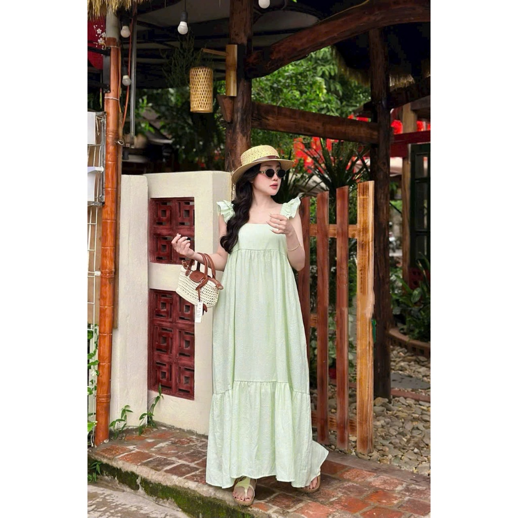 [Mina clothing] [Mina clothing] Váy 2 dây kẻ maxi cánh tiên VTH1 chất đũi mềm nhẹ mẹ bầu mặc đi chơi