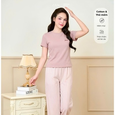 Bộ mặc nhà ZAM Áo ngắn tay Cotton & Quần dài Thô mềm mềm mại không nhăn. CLTC