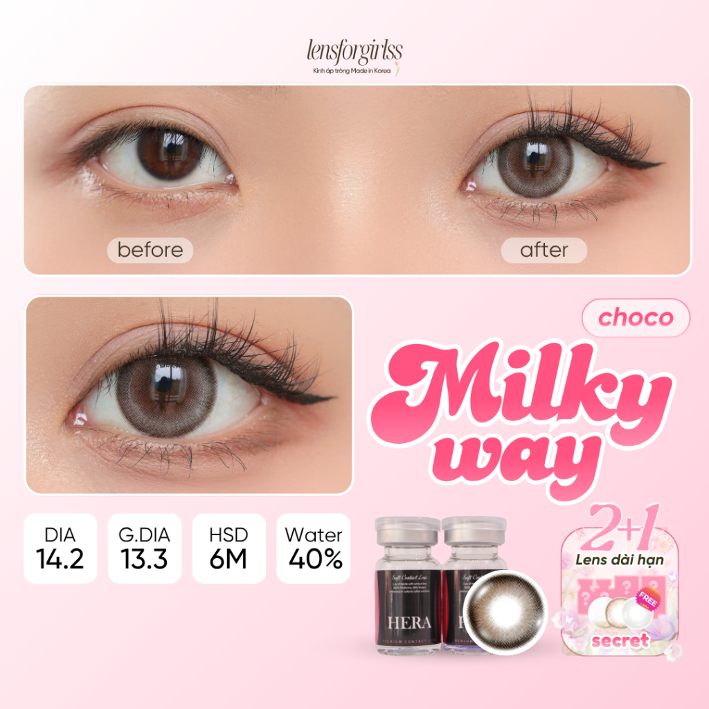 Kính áp tròng GIÃN TRÒNG xám sữa trong trẻo MILKY WAY CHOCO chính hãng HERA | Lens cận | LENSFORGIRL
