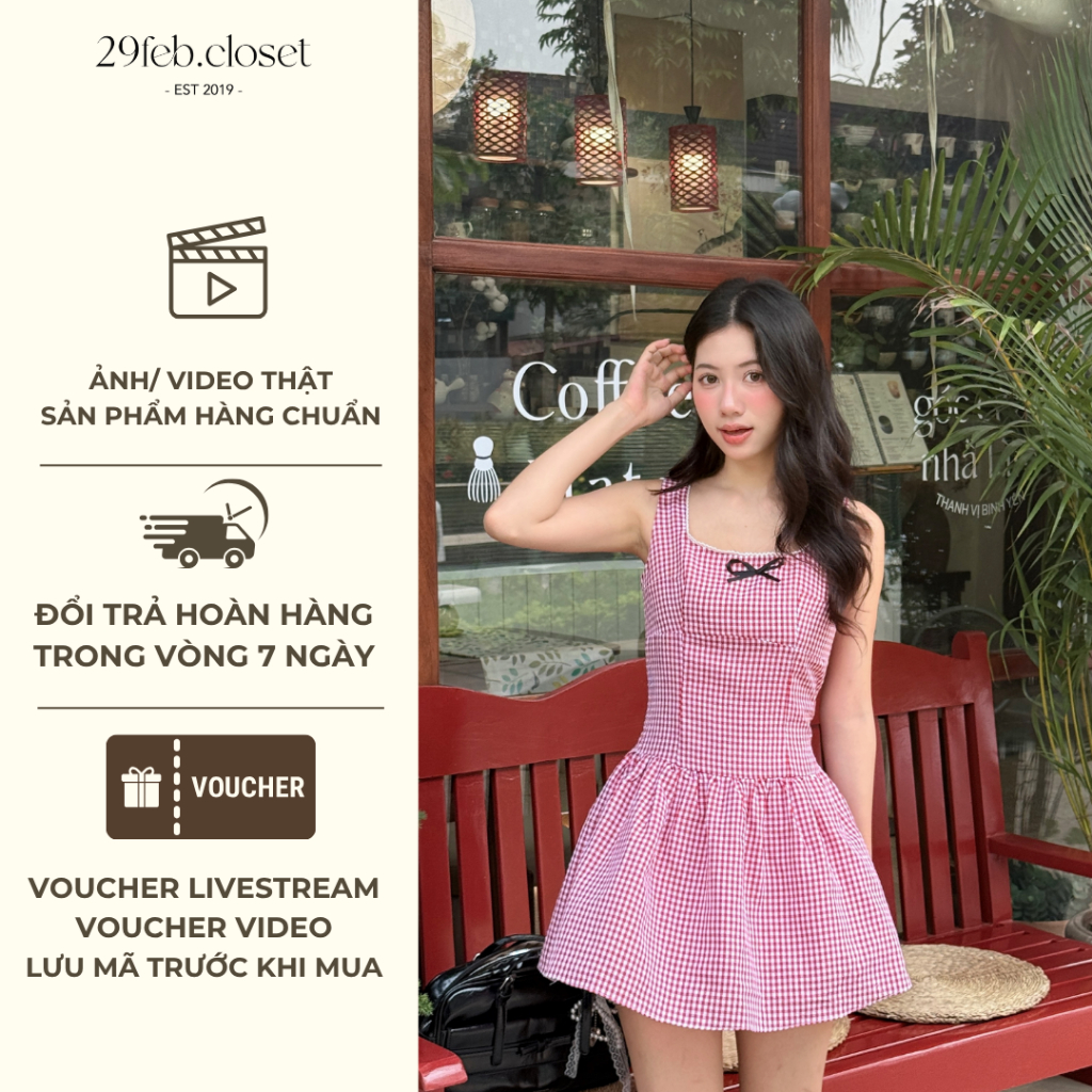Váy kẻ caro nơ cổ vuông dễ thương dành cho mùa hè, Váy kẻ caro dáng ngắn - 29feb.closet – V251 | BigBuy360 - bigbuy360.vn
