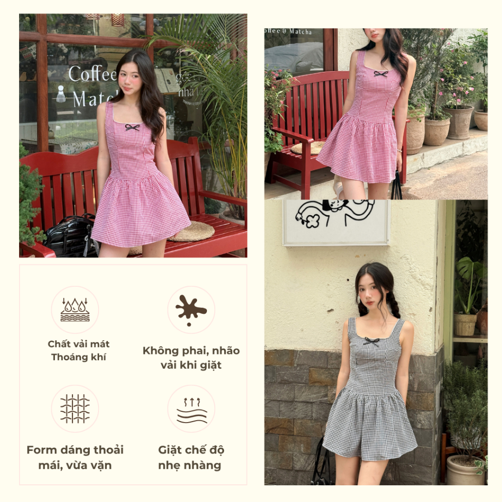 Váy kẻ caro nơ cổ vuông dễ thương dành cho mùa hè, Váy kẻ caro dáng ngắn - 29feb.closet – V251 | BigBuy360 - bigbuy360.vn
