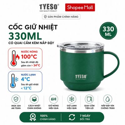 Ly giữ nhiệt 330ml có quai cầm có nắp đậy trượt giữ nóng lạnh inox304 chuẩn Tyeso 8825