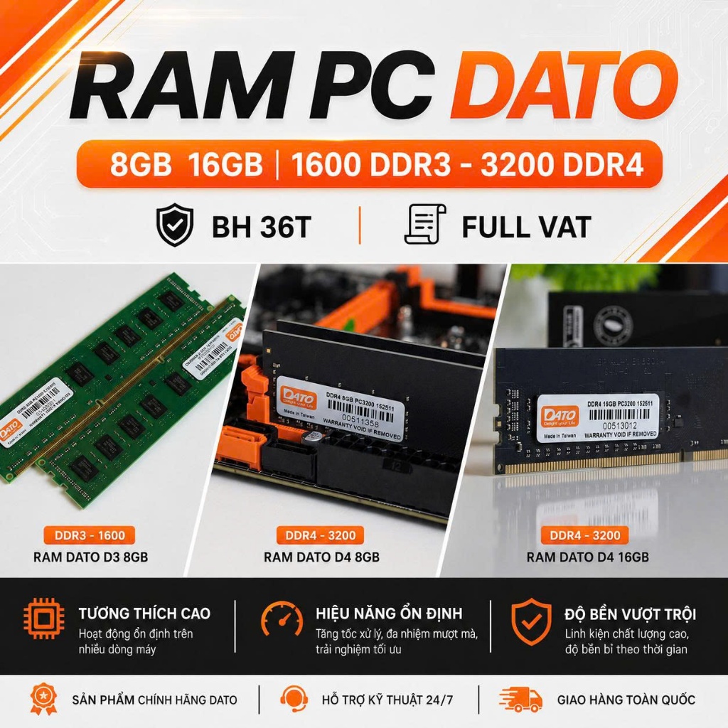 Ram PC Desktop Dato chính hãng 8G 16G 1600 3200 DDR3 DDR4 new bảo hành 36 tháng - 8GB 16GB