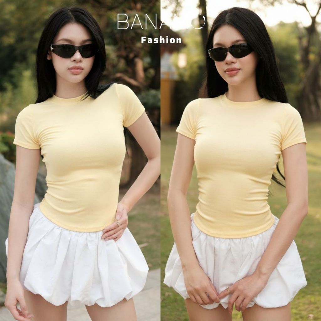 Áo thun nữ BIGSIZE Banamo Fashion áo cổ tròn cộc tay ôm body co giãn 4 chiều mềm mịn basic dễ phối đồ 395 | BigBuy360 - bigbuy360.vn