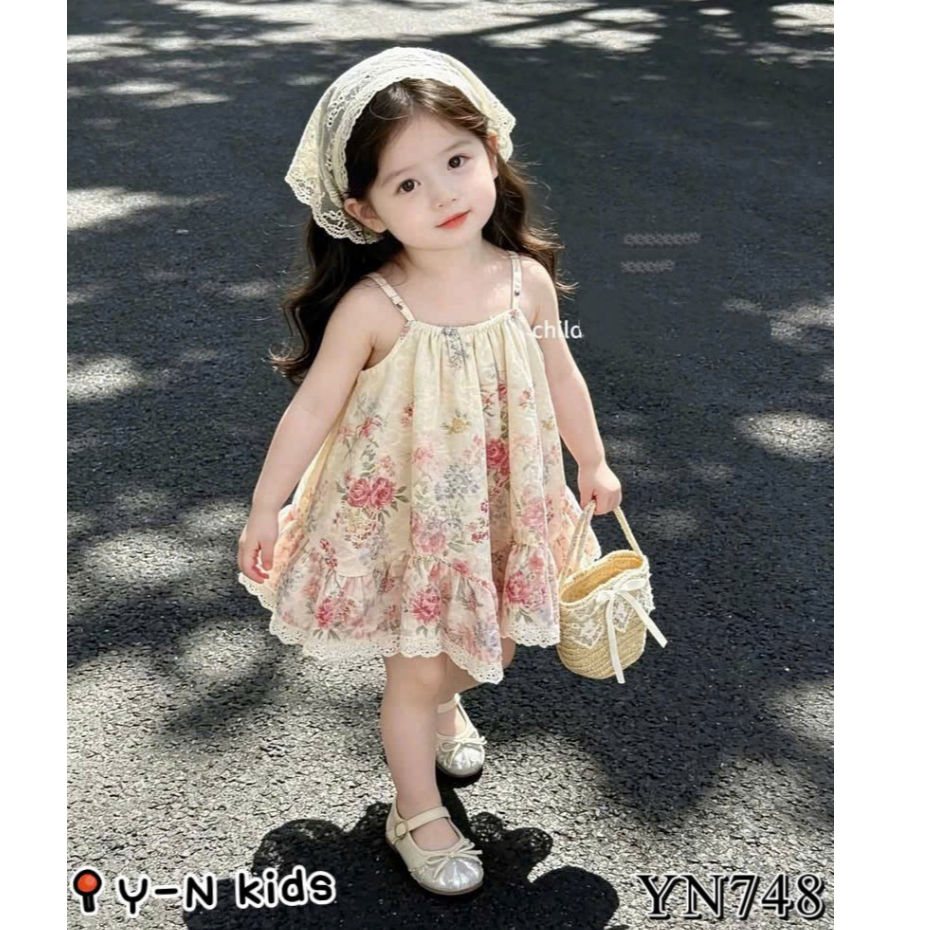 [TẶNG TÚI] Váy mùa hè cho bé gái 5 tuổi, Set 2 dây bé gái, Váy cho bé gái thêu hoa nổi phối ren 10-3