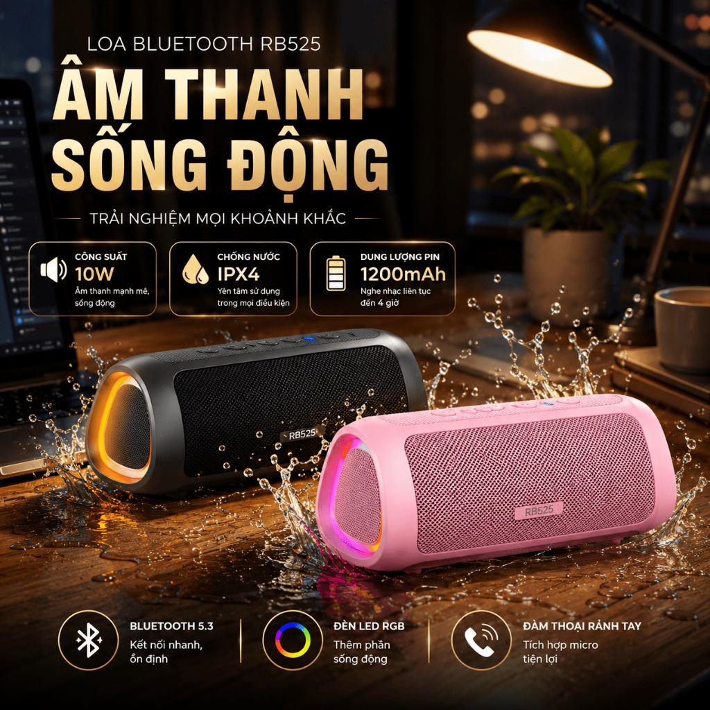 Vivan Loa Bluetooth 5.3 Bass Mạnh 10W Đèn Led RGB, Kháng Nước, Pin Trâu Robot RB525
