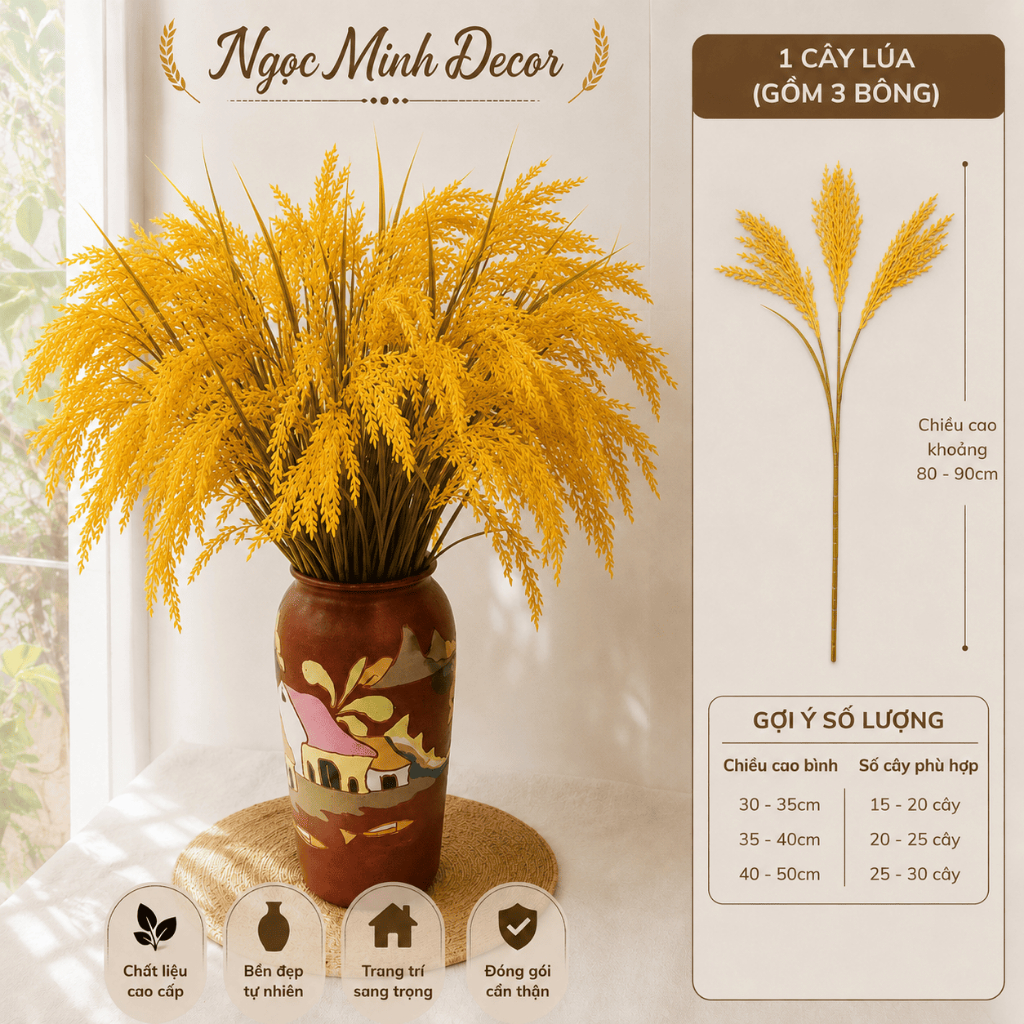 {Ấm no, Sung túc}-Cây Lúa Giả Cao Cấp 3 Bông Cao 90cm,Hoa Lúa Vàng Trĩu Bông Cắm Bình Decor Trang Trí Nhà Cửa, Quán Cafe