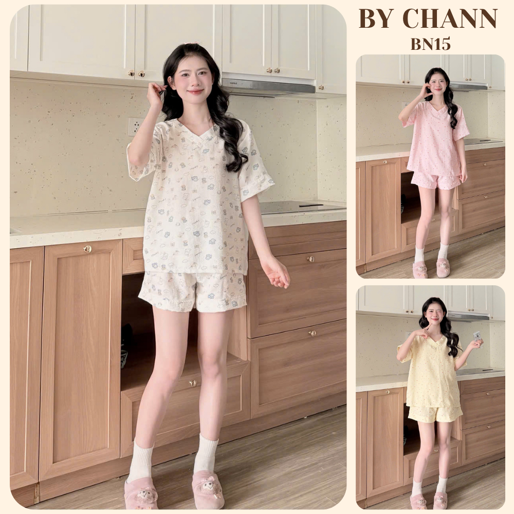 Bộ Ngủ BY CHANN (BN15) áo cộc quần cộc chất liệu đũi mềm có bigsize đến 80kg