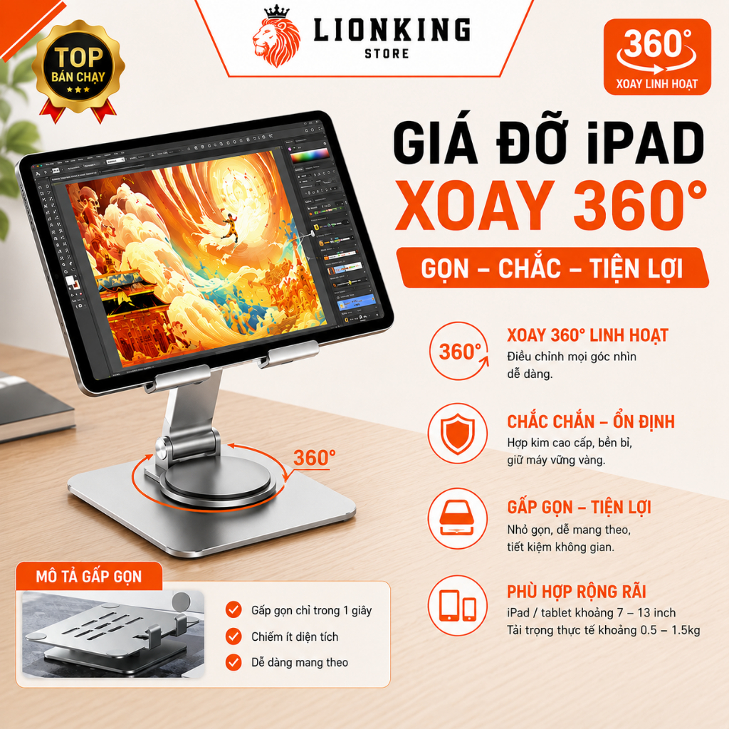 Gía đỡ Ipad Laptop để bàn gấp gọn L003 xoay 360 hợp kim nhôm đế Silicon chống trượt  - LionKing Stor