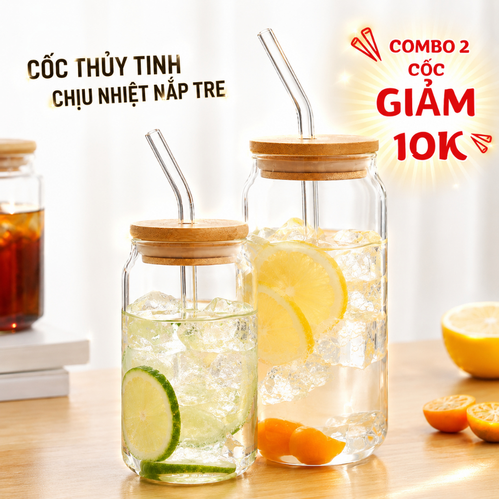 Ly thủy tinh Hình Lon Bia Chịu Nhiệt 350ml/500ml, trong suốt, có nắp, có ống hút