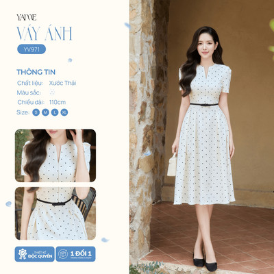 Váy Thiết Kế Nữ YAME Cổ V Chấm Bi Phối Dây Đai Nơ, Tùng Váy Xòe Xếp 2 Ly To, Đầm Công Sở Dáng Dài 110cm  - Ánh YV971