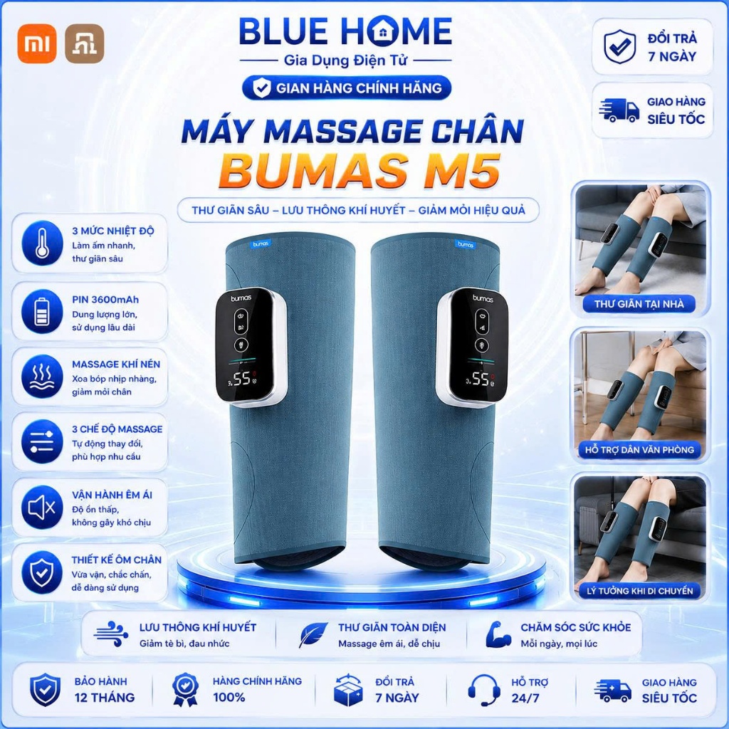 Máy Massage Chân BUMAS M5, Chườm Nóng Massage Bắp Chân Bằng Khí Nén, Bấm Và Bóp Huyệt Chân Thật