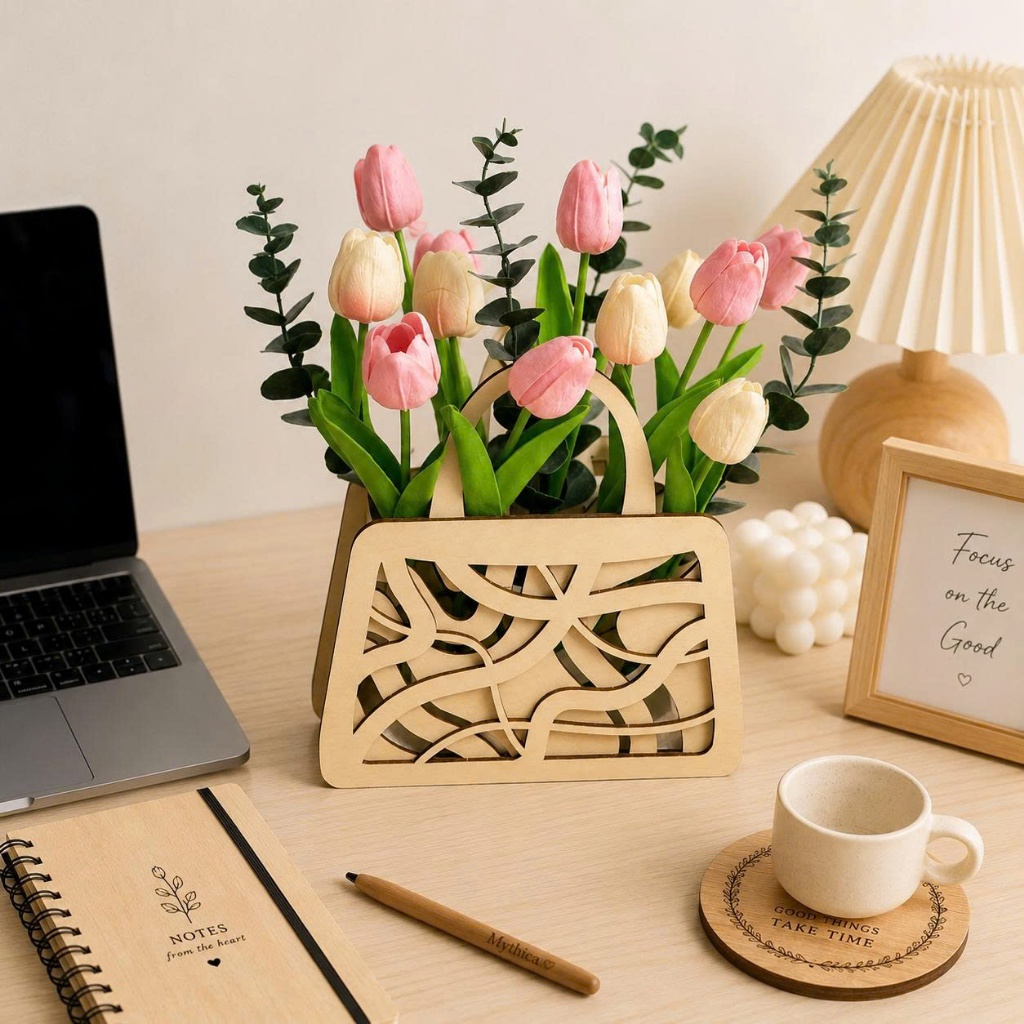 Giỏ gỗ plywood phối hoa tulip tông pastel — ảnh listing minh họa