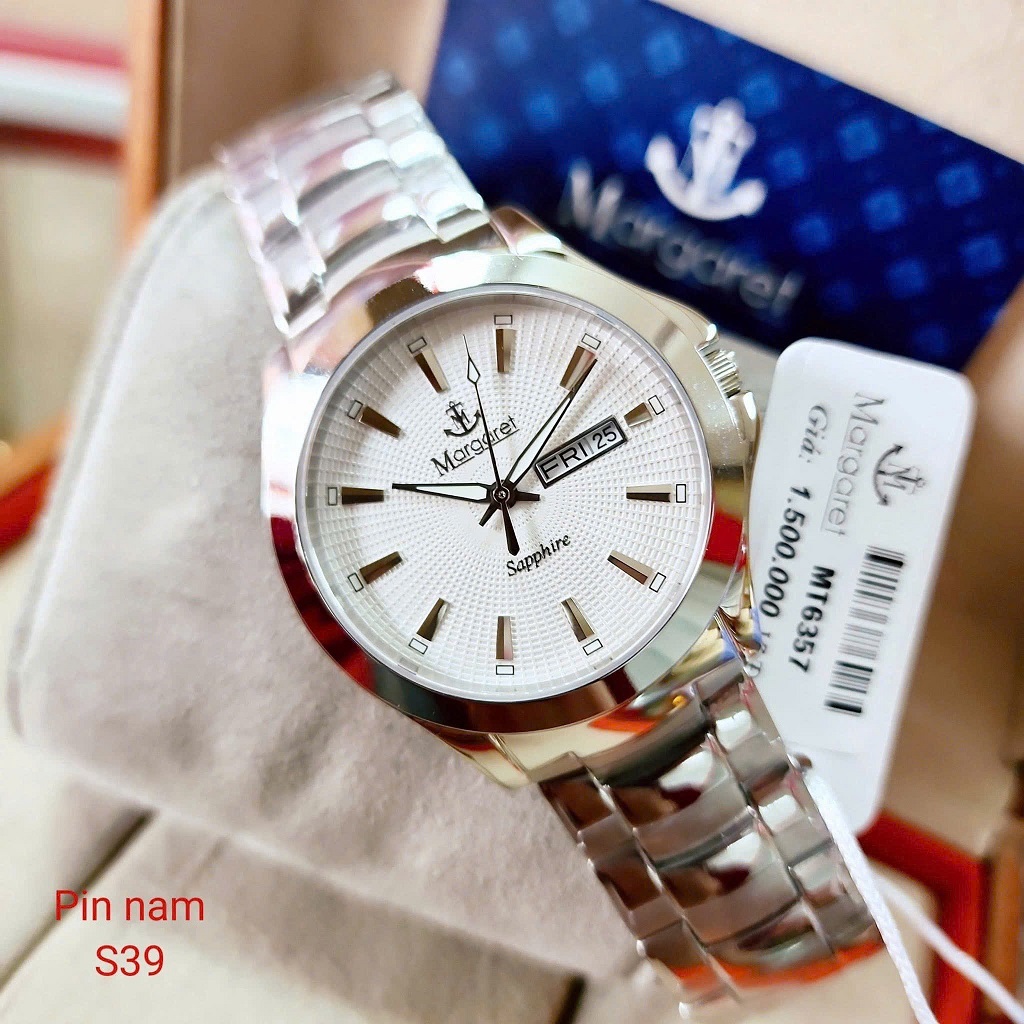 Đồng hồ nam mặt trắng dây kim loại chính hãng Margaret 39mm, đồng hồ máy pin kính sapphire MT6357