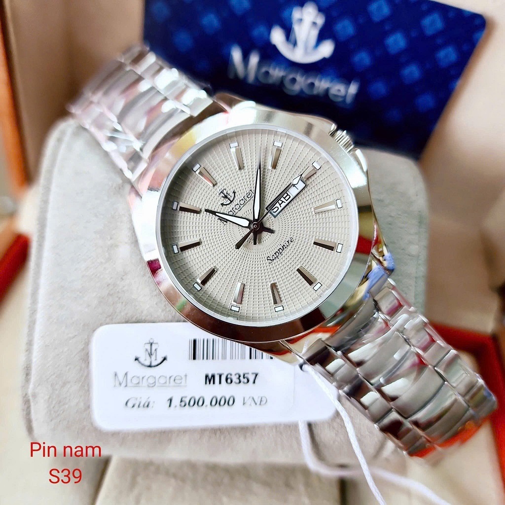 Đồng hồ nam mặt xám dây kim loại chính hãng Margaret 39mm, đồng hồ máy pin kính sapphire MT6357