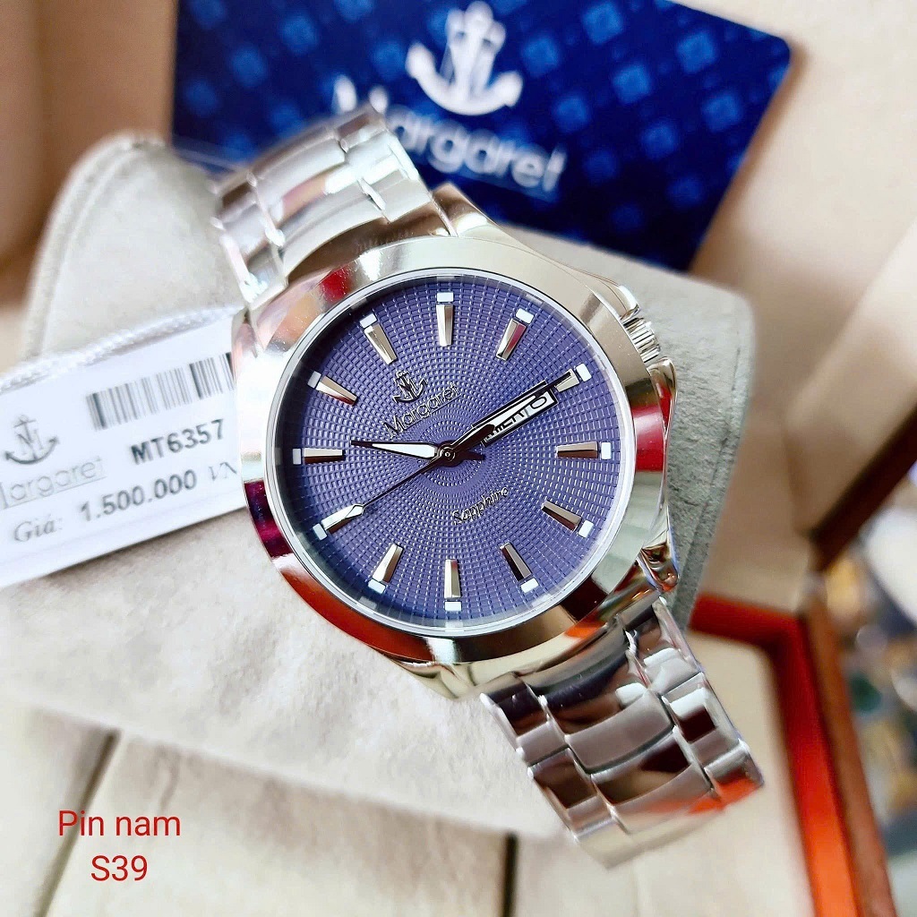 Đồng hồ nam mặt xanh dây kim loại chính hãng Margaret 39mm, đồng hồ máy pin kính sapphire MT6357
