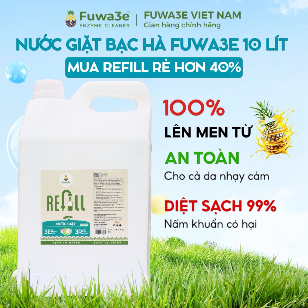 [CAN 10L] Nước Giặt Hữu Cơ Fuwa3e 10L Enzyme Sinh Học Dứa Hương Cam/Bạc Hà - Giặt Đồ Lót, Đồ Trẻ Em