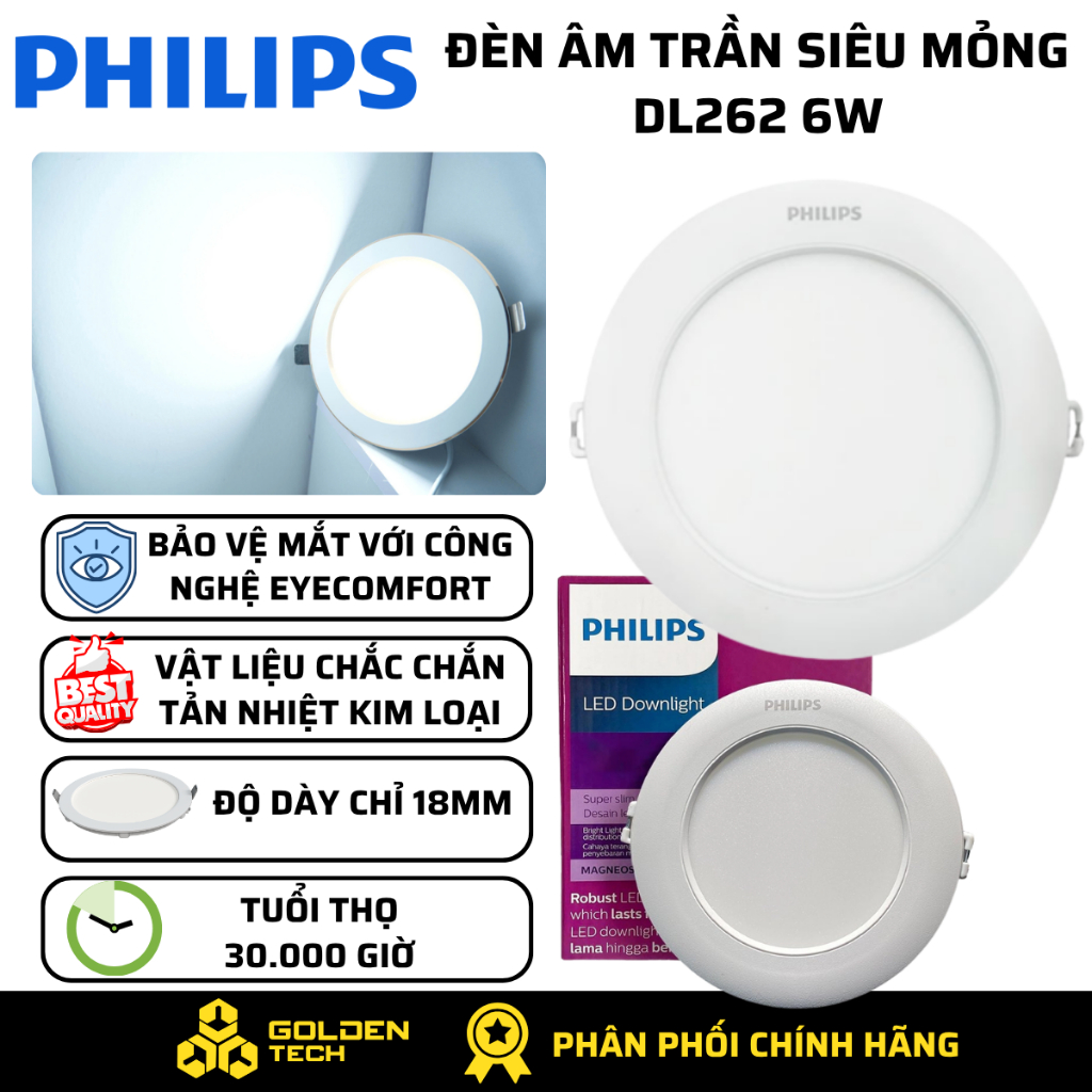 Đèn LED âm trần siêu mỏng 6W đục lỗ 125mm Ánh sáng trắng 6500K Philips DL262