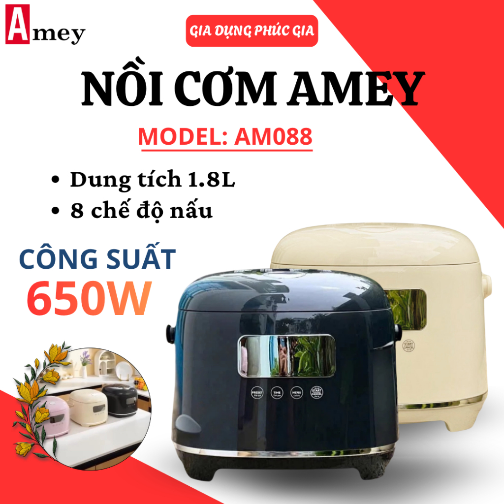 Nồi Cơm Điện Amey AM088 Dung Tích 1.8L Lòng Inox 304 Vân Lục Giác, Hẹn Giờ Nấu Thông Minh - Gia Dụng