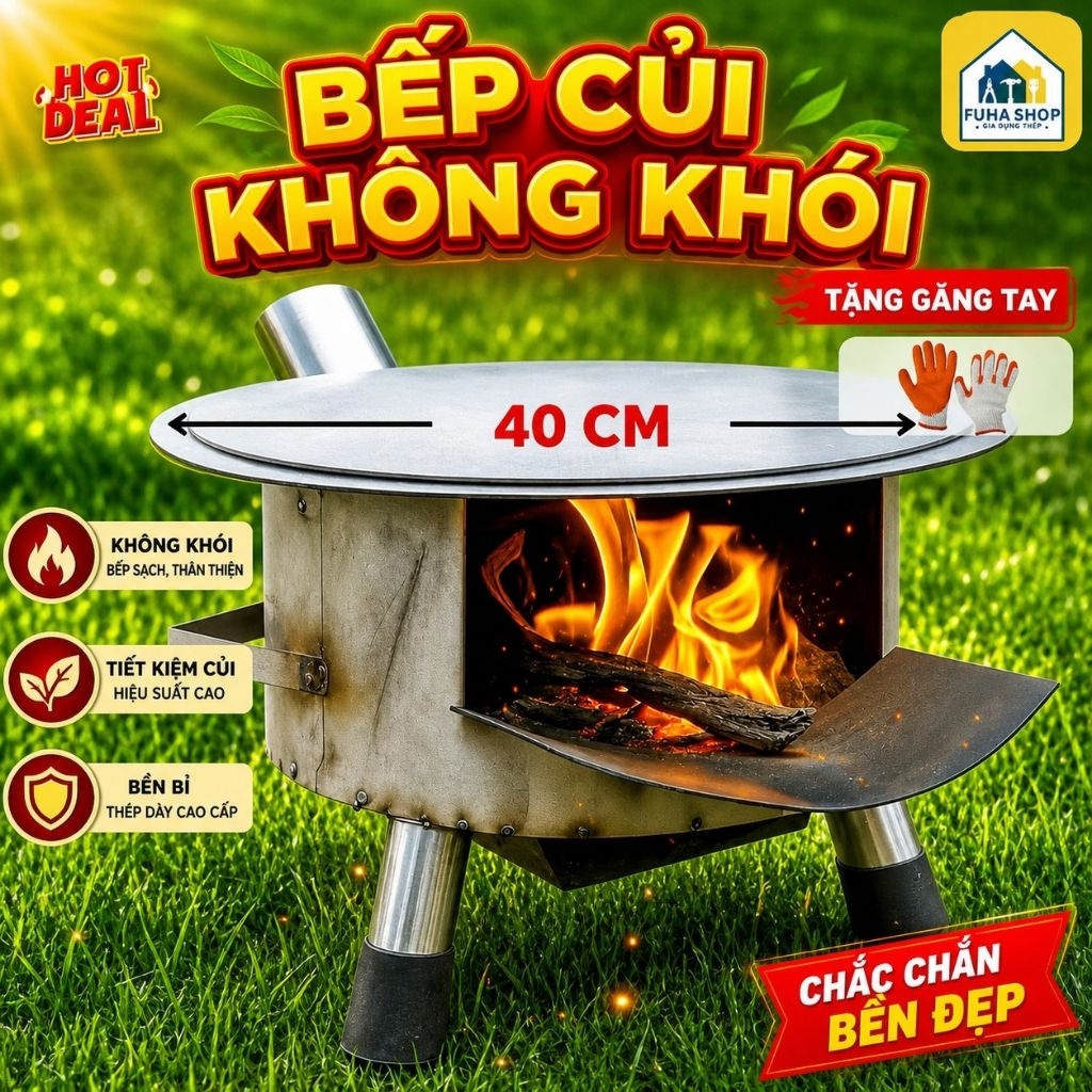 [ Tặng găng tay ] - Bếp củi thông minh FH40 - Size lớn 40cm - Kèm tấm lót nồi
