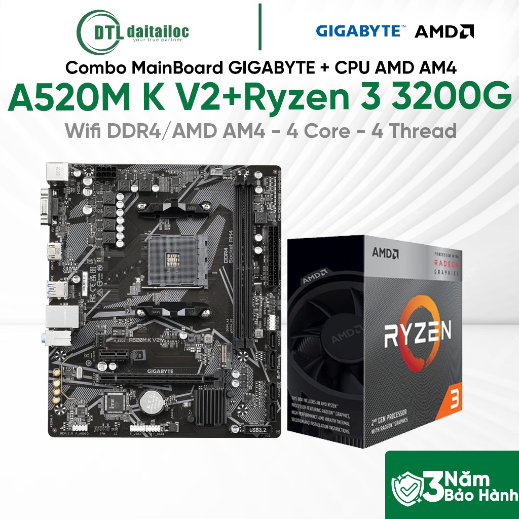 Combo MainBoard GIGABYTE A520M K V2 ( AMD AM4) + CPU AMD AM4 Ryzen 3 3200G | Chính Hãng | Bảo Hành 3