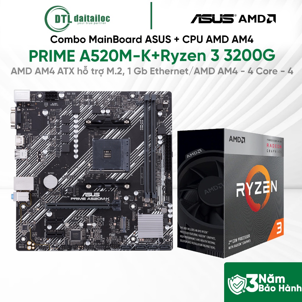 Combo MainBoard ASUS PRIME A520M-K (AMD AM4) + CPU AMD AM4 Ryzen 3 3200G | Chính Hãng | Bảo Hành 36 