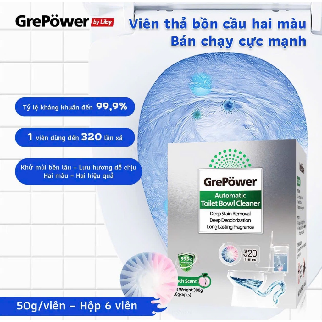 [Pass KOC New] Viên Thả Bồn Cầu Hai Màu Grepower By Liby | Khử mùi hôi,1 viên xả lên tới 320 lần, di