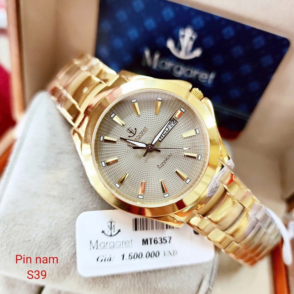 Đồng hồ nam mặt xám dây kim loại vàng chính hãng Margaret 39mm, đồng hồ máy pin kính sapphire MT6357