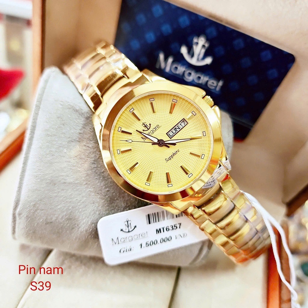 Đồng hồ nam mặt vàng dây kim loại chính hãng Margaret 39mm, đồng hồ máy pin kính sapphire MT6357