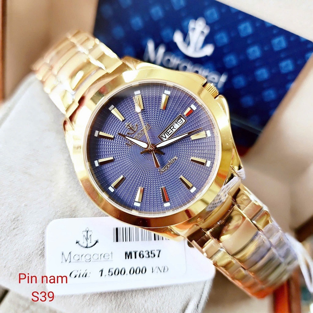 Đồng hồ nam mặt xanh dây kim loại vàng chính hãng Margaret 39mm, đồng hồ pin kính sapphire MT6357