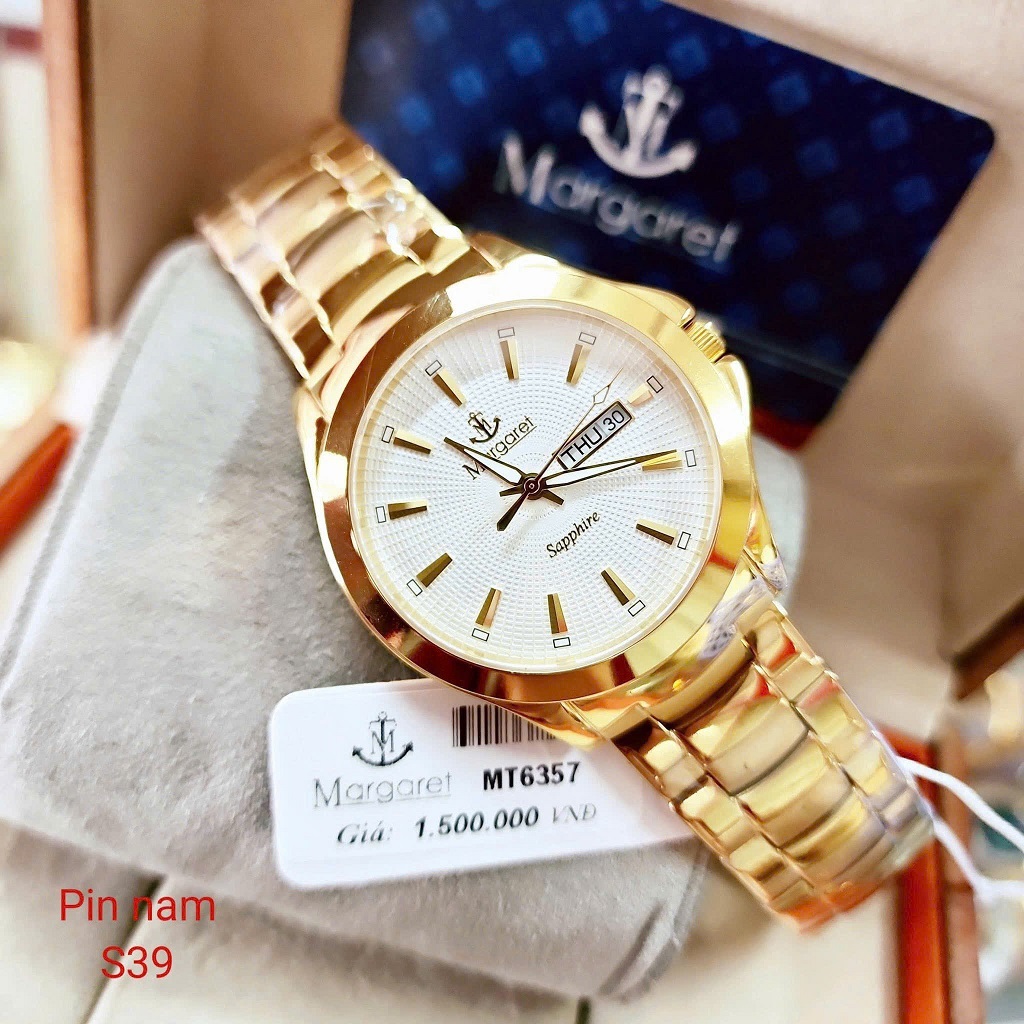 Đồng hồ nam mặt trắng dây kim loại vàng chính hãng Margaret 39mm, đồng hồ pin kính sapphire MT6357