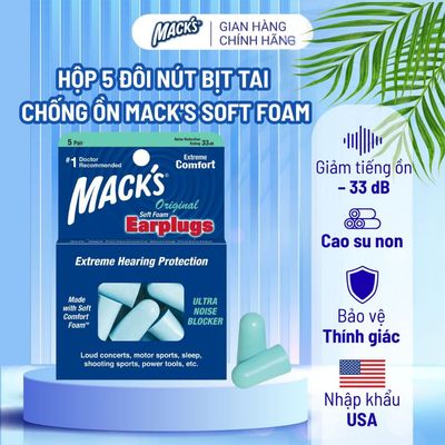 Hộp 5 đôi nút bịt tai chống ồn Mack's cho giấc ngủ ngon, chống ngáy, làm việc, học tập, du lịch