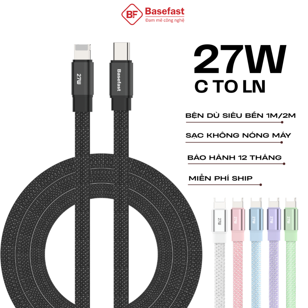 Dây sạc nhanh 20W Basefast cho xr xs max 11 12 13 14 pro ... Cáp C to L silicon chống quá tải nhiệt