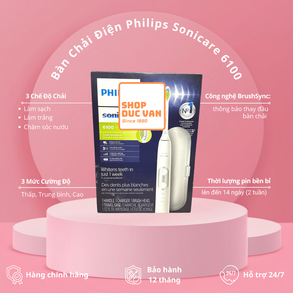 Bàn Chải Điện Philips Sonicare 6100 ProtectiveClean Làm Trắng Răng, 3 Chế Độ & 3 Cường Độ, Cảm Biến 