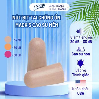 Nút bịt tai chống ồn Mack's cao su non mềm mại nhập khẩu chính hãng với 3 Màu Hồng, Nâu, Cam