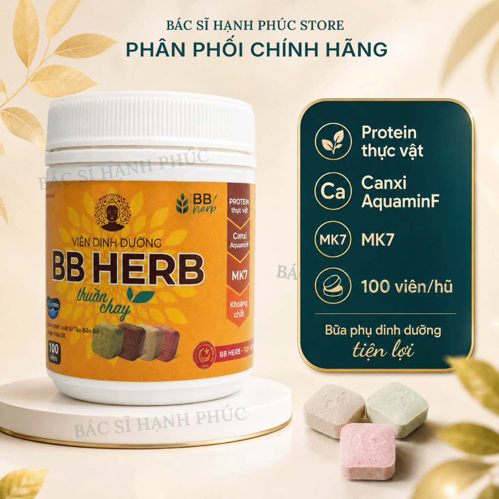 Viên Sữa Dinh Dưỡng BB HERB Thuần Chay Protein Thực Vật Canxi AquaminF MK7 D3 Hũ 100 Viên