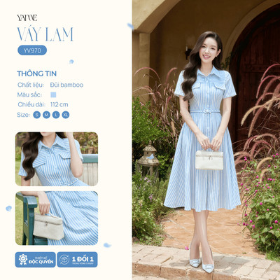Váy Thiết Kế Nữ Yame Dài 112cm Cổ Đức Sơ Mi, Tùng Váy Xòe Rộng Xếp Ly To Kèm Dây Đai, Đầm Tiệc Cao Cấp Lam - YV970