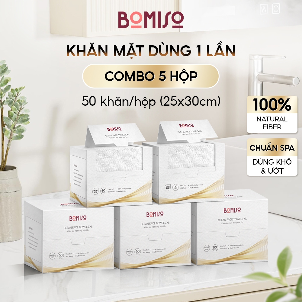 Combo 5 Hộp Khăn Lau Mặt Dùng 1 Lần Mềm Mịn Cao Cấp, Khăn Mặt Khô BOMISO 25x30cm PB50 (250 cái)