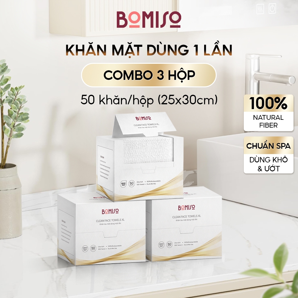 Khăn lau mặt dùng 1 lần BOMISO XL 25x30cm 100% sợi thực vật siêu mềm mại PB50 (Combo 3 hộp 150 tờ)