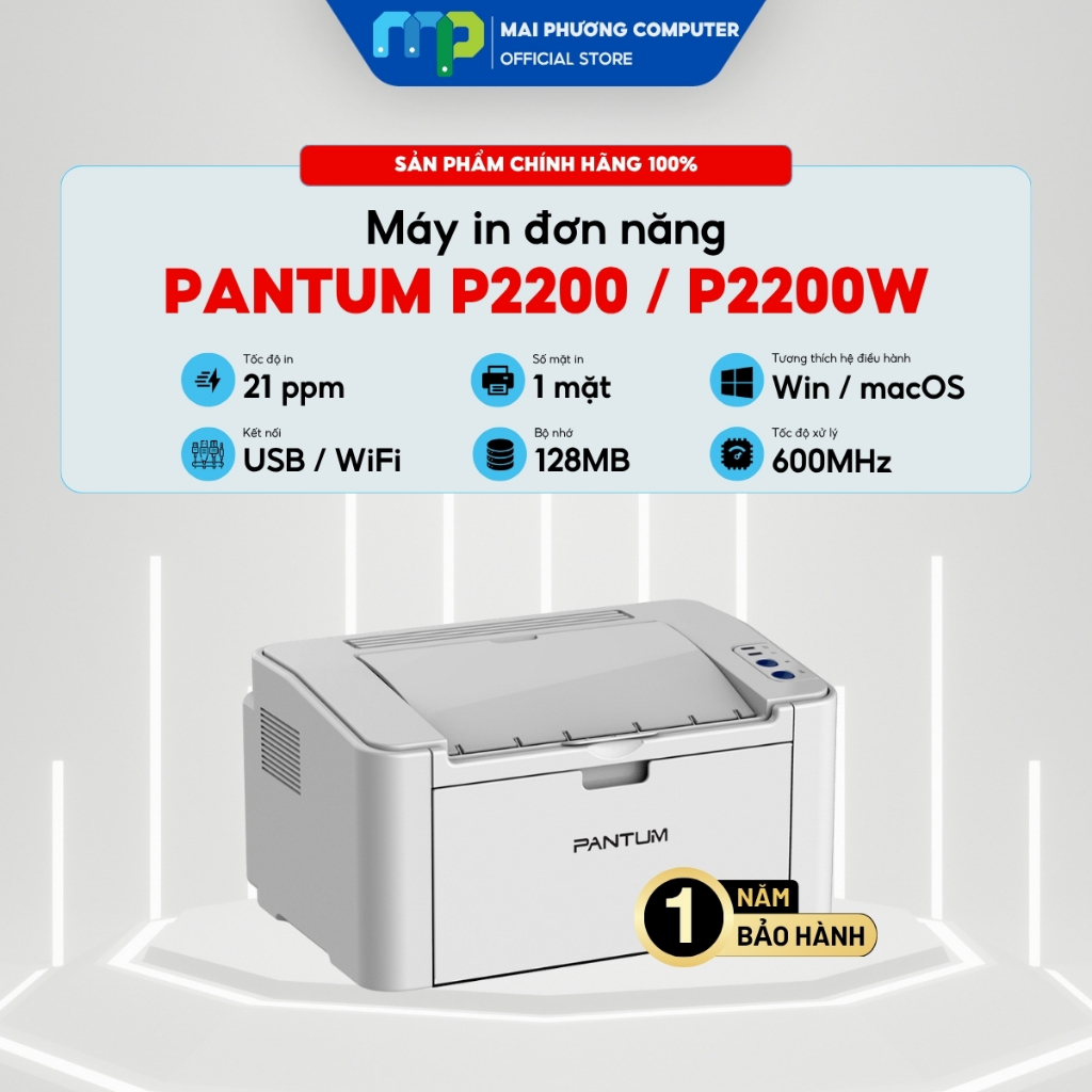 Máy in Laser đen trắng PANTUM P2200 / P2200W - 21 PPM - Nhỏ Gọn - Tiết Kiệm Mực - Bảo hành 12 tháng