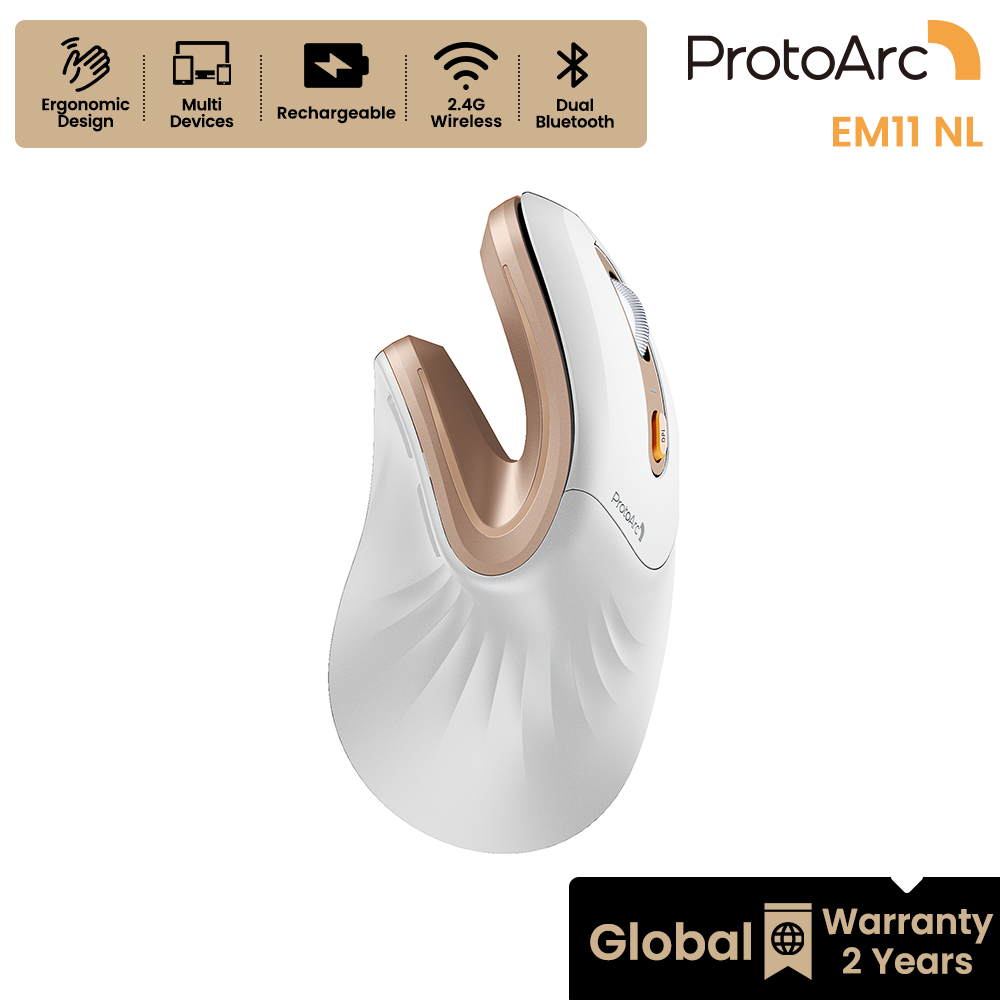 ProtoArc EM11 NL Chuột Công Thái Học Màu Trắng Vàng Không Dây 2.4G + Bluetooth, Pin Sạc - BH 2 Năm