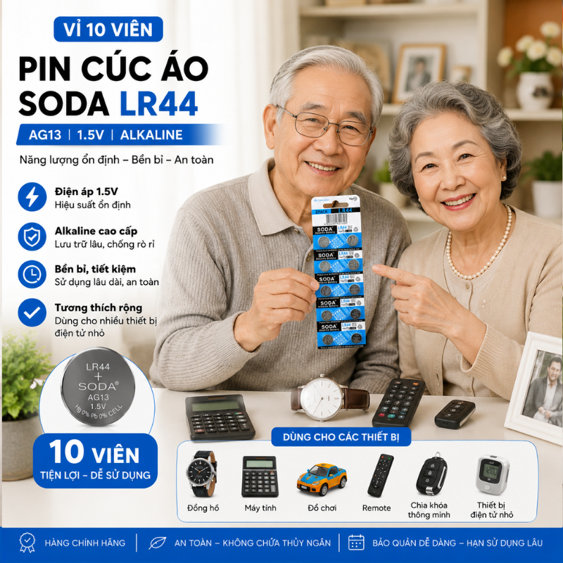 [Hot Sale] Pin Cúc Áo LR44 AG13 SODA 1.5V – Pin Mini Chính Hãng Hiệu Suất Cao Vỉ 10 Viên