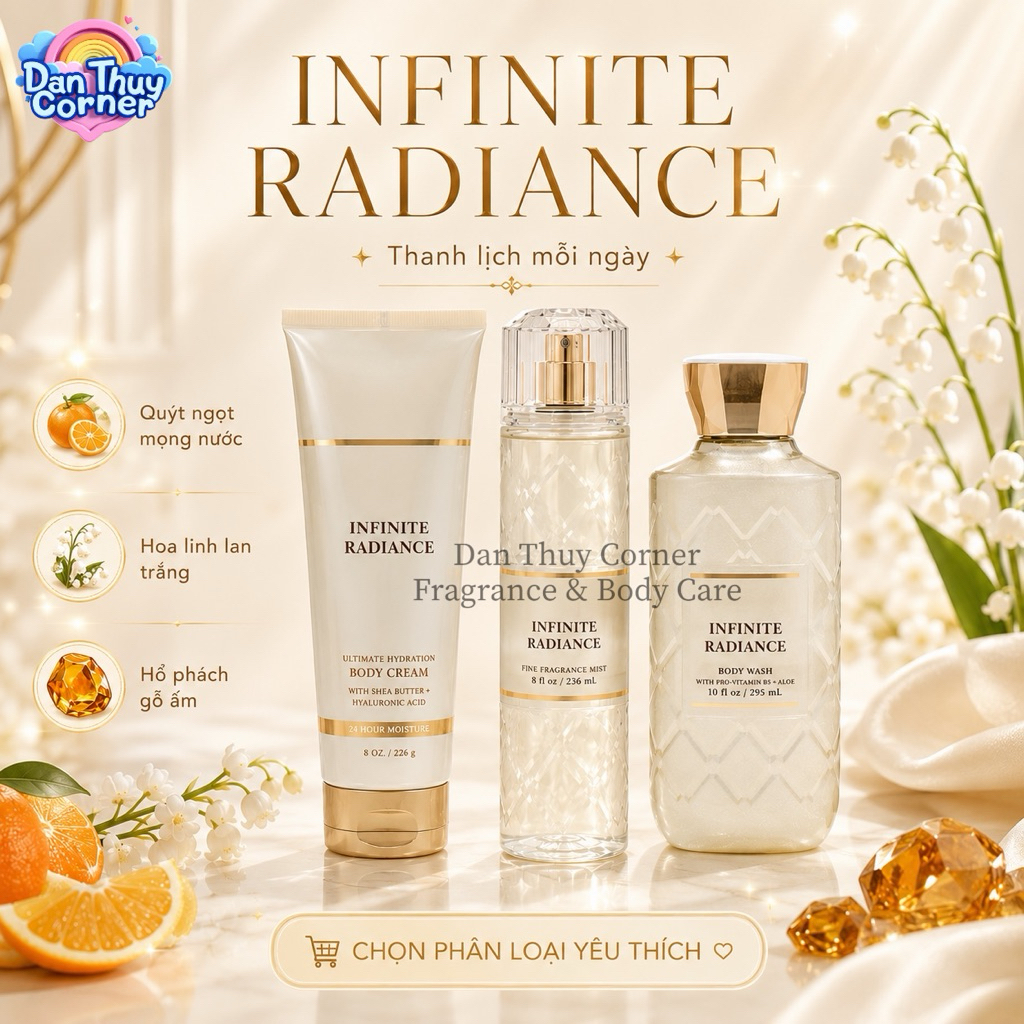 Infinite Radiance – Xịt thơm & dưỡng thể B.B.W hương quýt ngọt & hoa linh lan & hổ phách gỗ