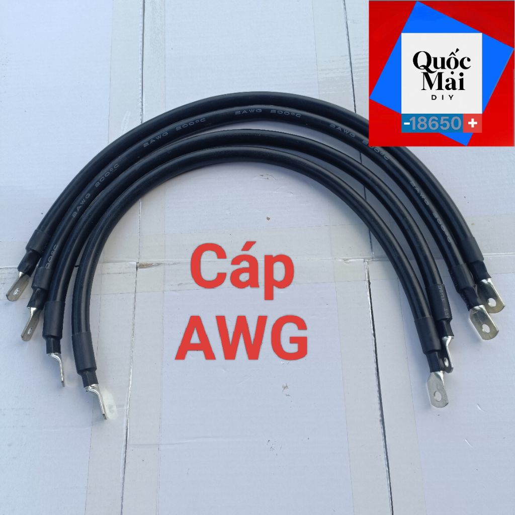 Cáp Hàn Cell Pin 2AWG, 4AWG dài 50cm bấm cos 2 đầu.