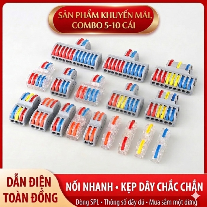Đầu cút nối điện nhanh SPL, an toàn 2 ra 2, 3 ra 3, 2 ra 4, 2 ra 6 cho dây 0.08 - 4.0mm2