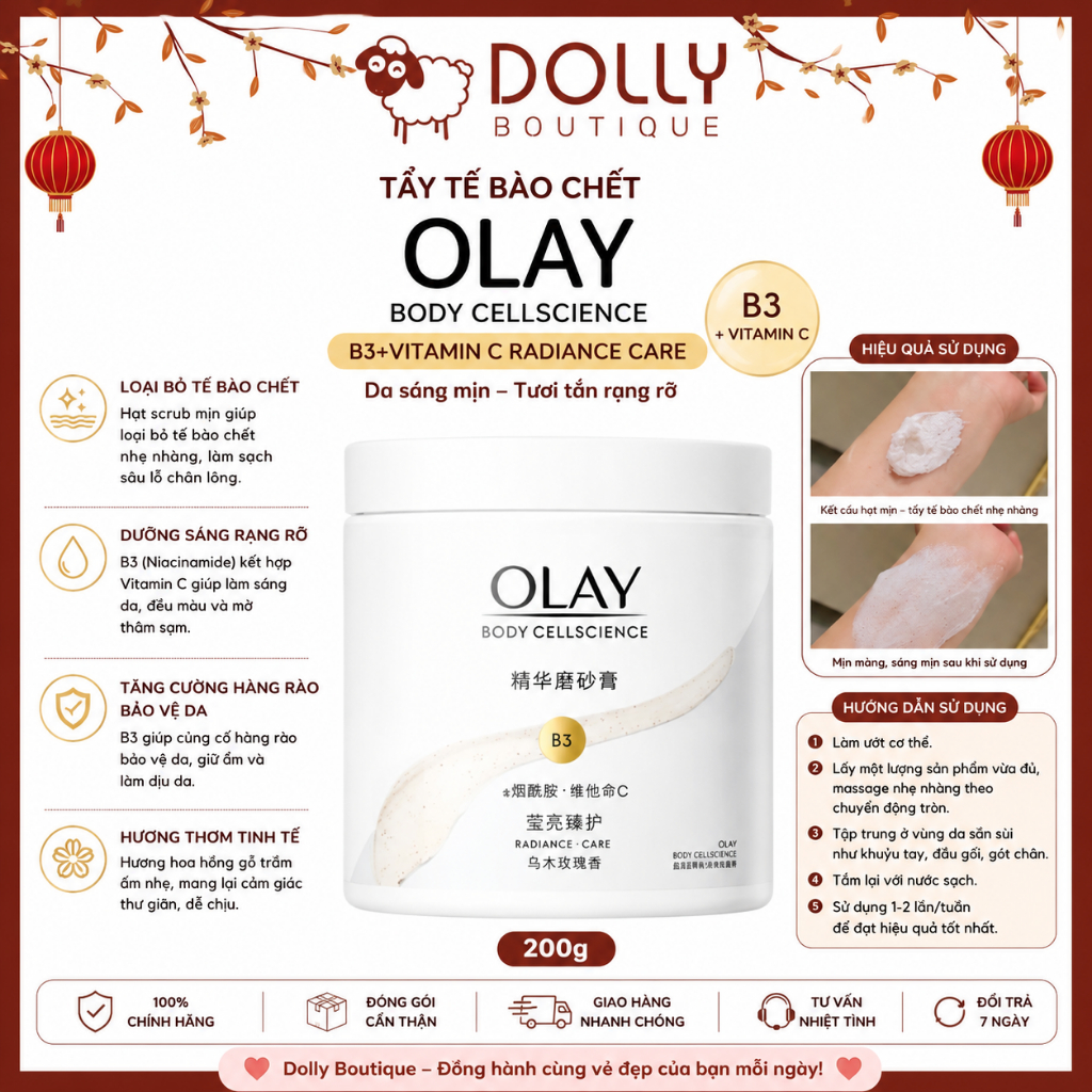 Tẩy Tế Bào Chết OLAY Body Cellscience B3+Vitamin C Radiance Care - 200g