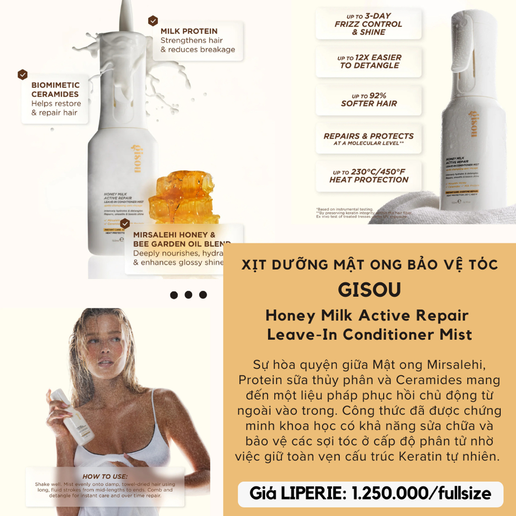 LIPERIE | Xịt dưỡng bảo vệ tóc GISOU Honey Milk Active Repair Leave-In Conditioner Mist
