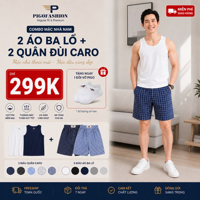 [Combo 2 áo ba lỗ + 2 quần đùi caro] Áo ba lỗ , quần đùi caro mặc nhà, tập gym thoáng mát chất cotton cao cấp SETBO2601