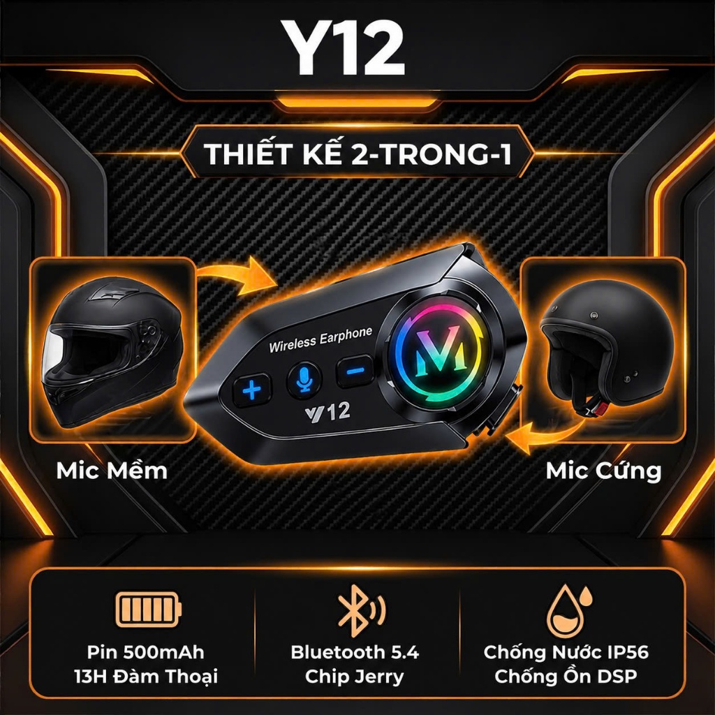 [2 IN 1] Tai Nghe Bluetooth Gắn Mũ Y12 – Kèm 2 Loại Mic, Nghe Nhạc & Đàm Thoại Rõ Nét