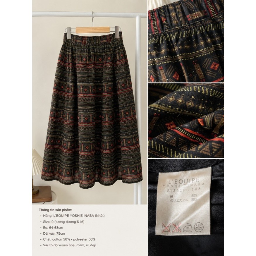 91. Chân Váy Vintage Nhật L'EQUIPE YOSHIE INABA – Hoạ Tiết Thổ Cẩm Sang Trọng, Form Xoè Dài Midi Cực